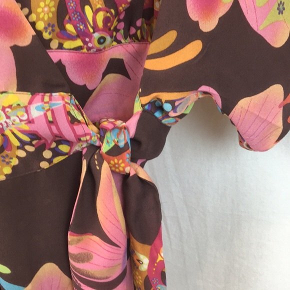 Tibi Pink & Brown Dark Floral Tropical Print Short Sleeve Wrap Front Top XS - Picture 5 of 7